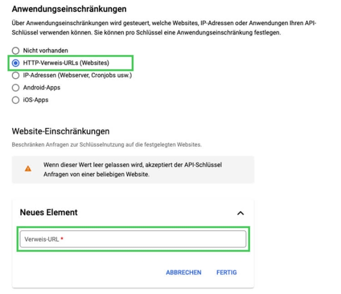 Anwendungs- und Website-Einschränkung Google API