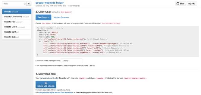 Anzeige des CSS-Snippets zur Einbettung der Schrift in die Website