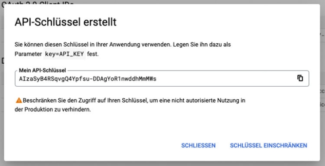 Google Cloud Platform API Schlüssel erstellt